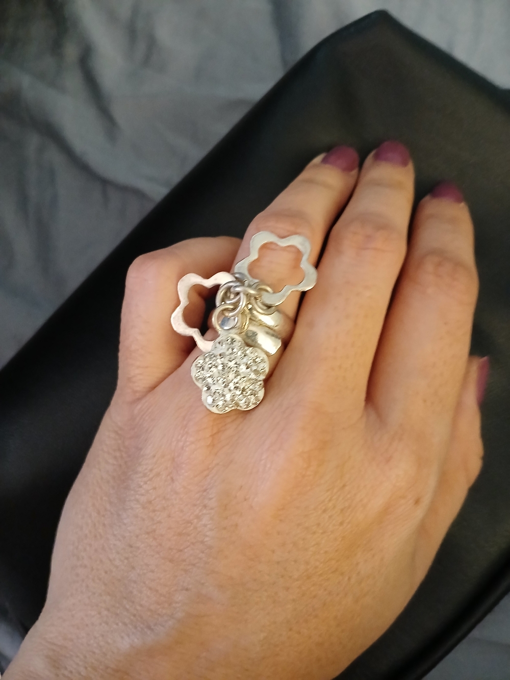 Silver Flower Charm Stackable Ring - Silver Plate.